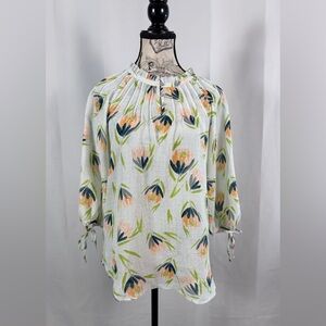LC Lauren Conrad Green & Peach Floral Print Ruffle collar Sheer Blouse Size M